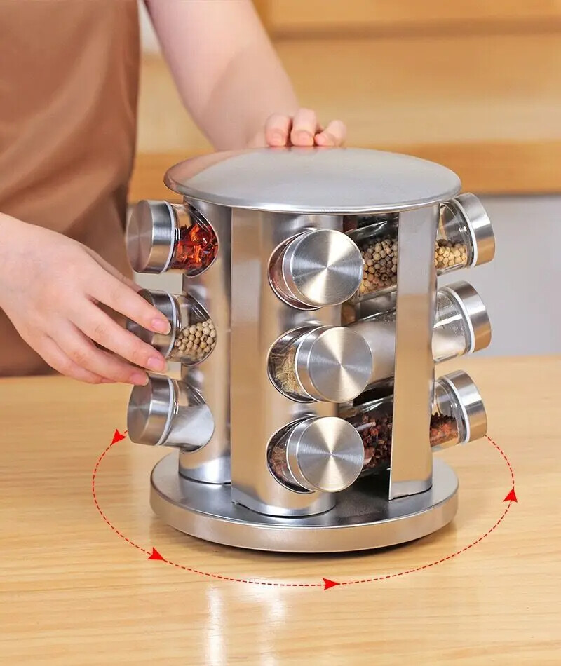 Rotating Spice Rack for Countertop with 12 Jars, Stainless Steel Revolving Storage Organizer for Spices and Seasonings.
