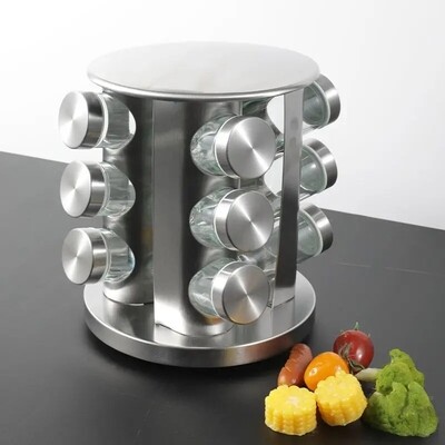 Rotating Spice Rack for Countertop with 12 Jars, Stainless Steel Revolving Storage Organizer for Spices and Seasonings.