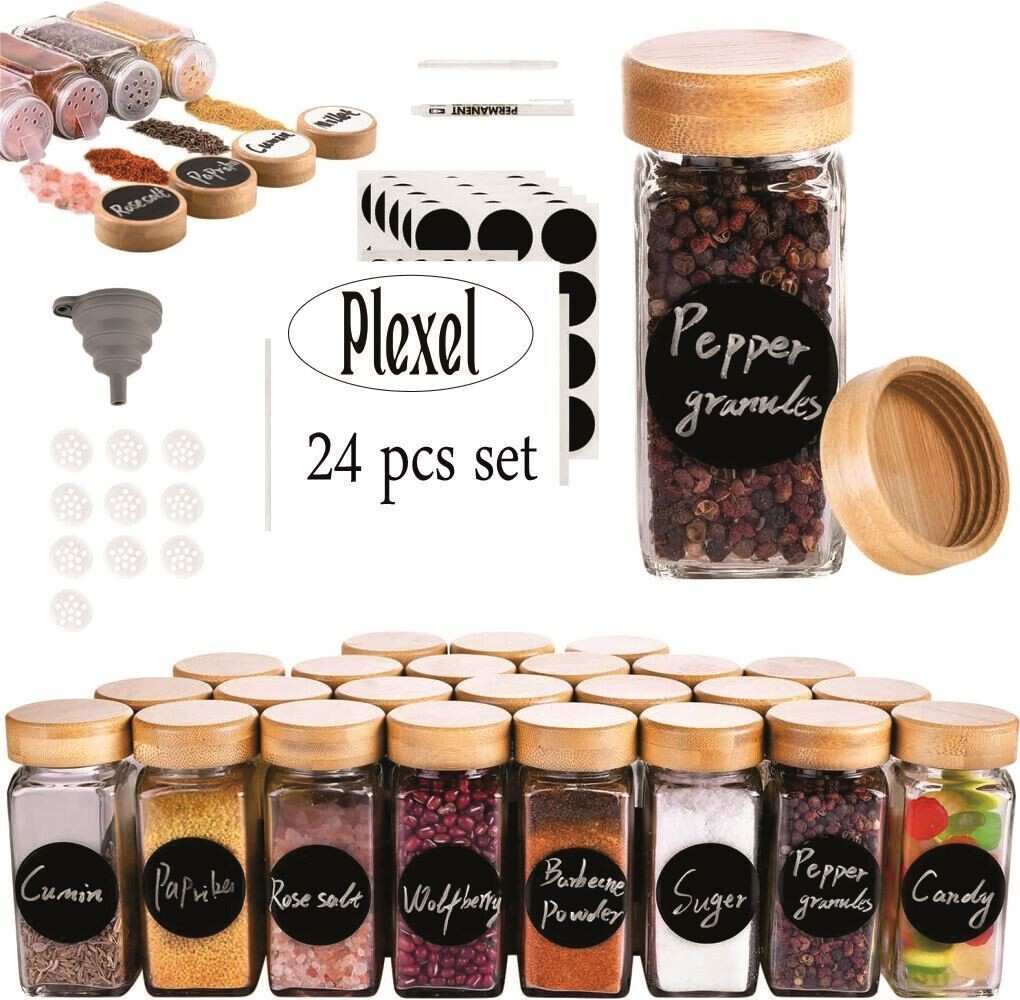Plexel 24 Pcs Spice Jars with Bamboo Lids, 4oz (120ml) Airtight Glass Seasoning Containers with Shaker Lid for Spice Rack Cabinet Drawer, Including  Black Labels, Marker, Funnel.