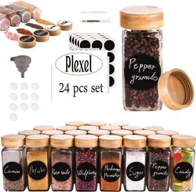 Plexel 24 Pcs Spice Jars with Bamboo Lids, 4oz (120ml) Airtight Glass Seasoning Containers with Shaker Lid for Spice Rack Cabinet Drawer, Including  Black Labels, Marker, Funnel.