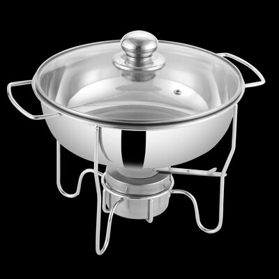 Plexel 2.5Ltr Round Chafing Dish. Stainless Steel  with Glass Lid, Water Pan, Food Pan and Fuel Holder