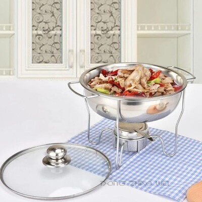 Plexel 2.5Ltr Round Chafing Dish. Stainless Steel  with Glass Lid, Water Pan, Food Pan and Fuel Holder