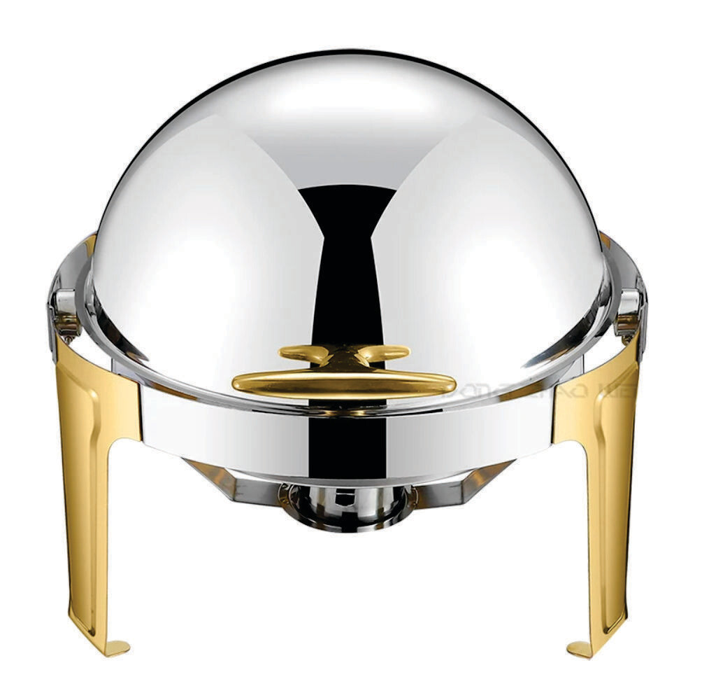 Gold &amp; Silver Chafing Dish Buffet Set, 6 Liters Roll Top Stainless Steel Chafer, Round Set with 2 Food Pans, Water Pan and Fuel Holders, for Wedding, Parties, Banquet, Catering Events.