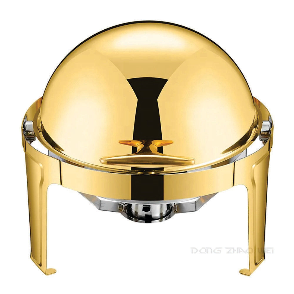 Gold Chafing Dish Buffet Set, 6 Liters Roll Top Stainless Steel Chafer, Round Set with 2 Food Pans, Water Pan and Fuel Holders, for Wedding, Parties, Banquet, Catering Events.