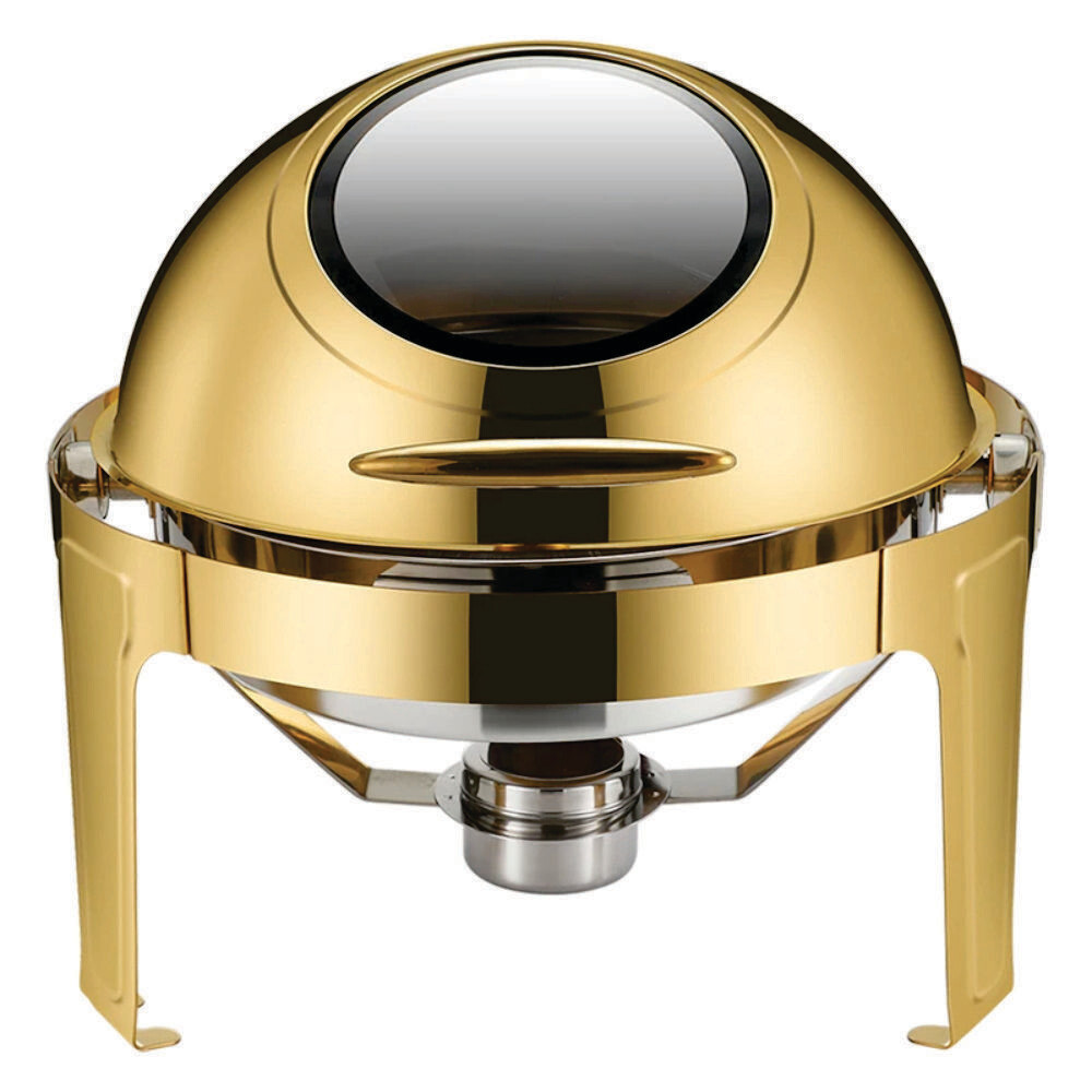 Golden Chafing Dish Buffet Set, 6 Liters Roll Top Stainless Steel Chafer, Round Set with 2 Food Pans, Water Pan and Fuel Holders, for Wedding, Parties, Banquet, Catering Events.