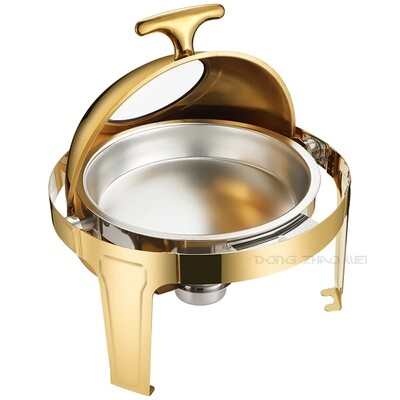 Golden Chafing Dish Buffet Set, 6 Liters Roll Top Stainless Steel Chafer, Round Set with Food Pan, Water Pan and Fuel Holders, for Wedding, Parties, Banquet, Catering Events.