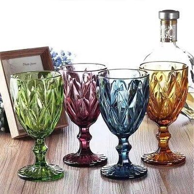 Glasses set of 6 Vintage Drinking Goblets Colored Embossed Glassware 300ml Pretty Water Stemmed Cup for Wedding Party Bar