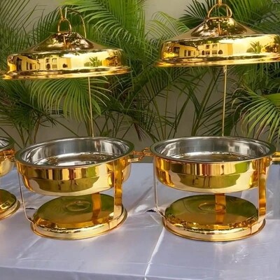 Golden Chafing Dish Buffet Set 9 Liters, 201 Stainless Steel Round Chafing Dish for Buffet, Food Warmers with Glass Lid &amp; Lid Holder For Parties Buffet Event Wedding Restaurant