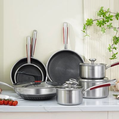 14-Piece Triply 18/10 Stainless Steel Cookware Set - Non-Stick Honeycomb Fire Textured Pattern Frying Pans and Wok with Lids, Oven &amp; Dishwasher Safe, Suitable for All Cooktops.
