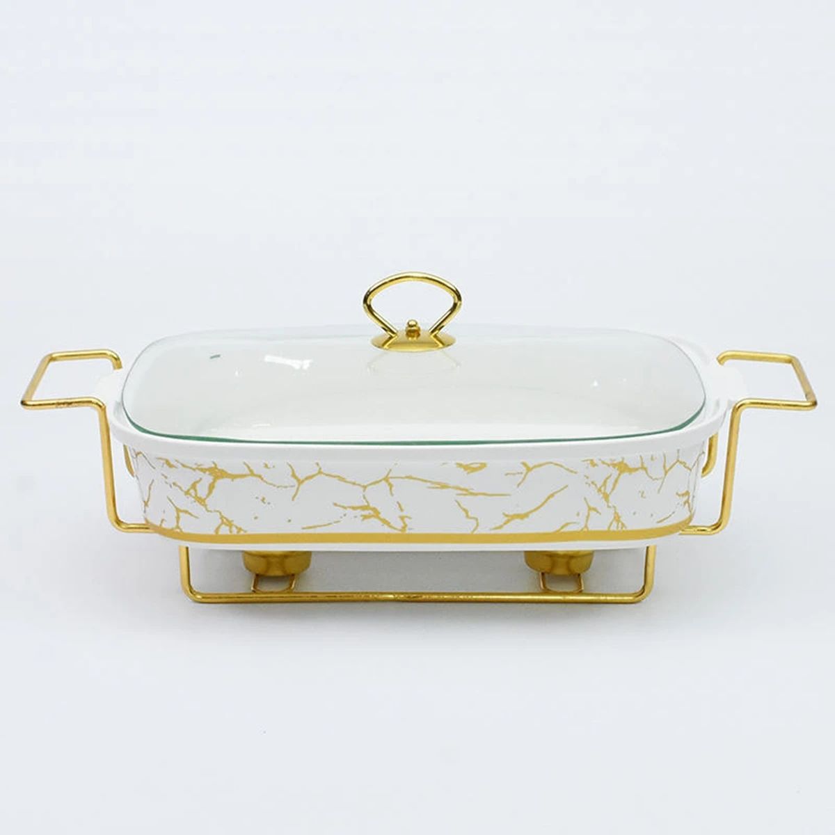 Ceramics Chafing Dish Buffet Set, Marble Finish Chafing Dish,Full Size Rectangle Chafers and Buffet Warmers W/Glass Lid, Food Warming Tray for Weddings Party Banquets,White (2.0L)