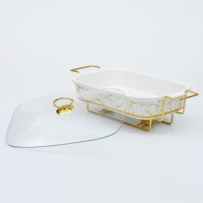 Ceramics Chafing Dish Buffet Set, Marble Finish Chafing Dish,Full Size Rectangle Chafers and Buffet Warmers W/Glass Lid, Food Warming Tray for Weddings Party Banquets,White (2.0L)