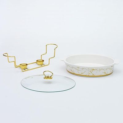 Ceramics Chafing Dish Buffet Set, Marble Finish Chafing Dish, Full Size Oval Chafers and Buffet Warmers W/Glass Lid, Food Warming Tray for Weddings Party Banquets, White (2.5L)