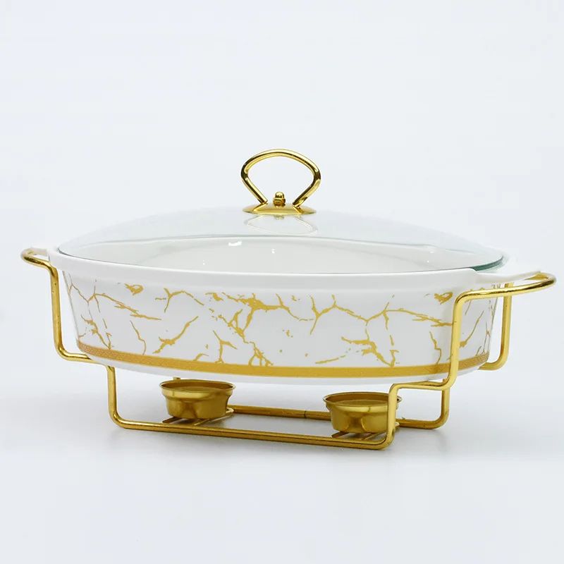 Ceramics Chafing Dish Buffet Set, Marble Finish Chafing Dish, Full Size Oval Chafers and Buffet Warmers W/Glass Lid, Food Warming Tray for Weddings Party Banquets, White (2.5L)