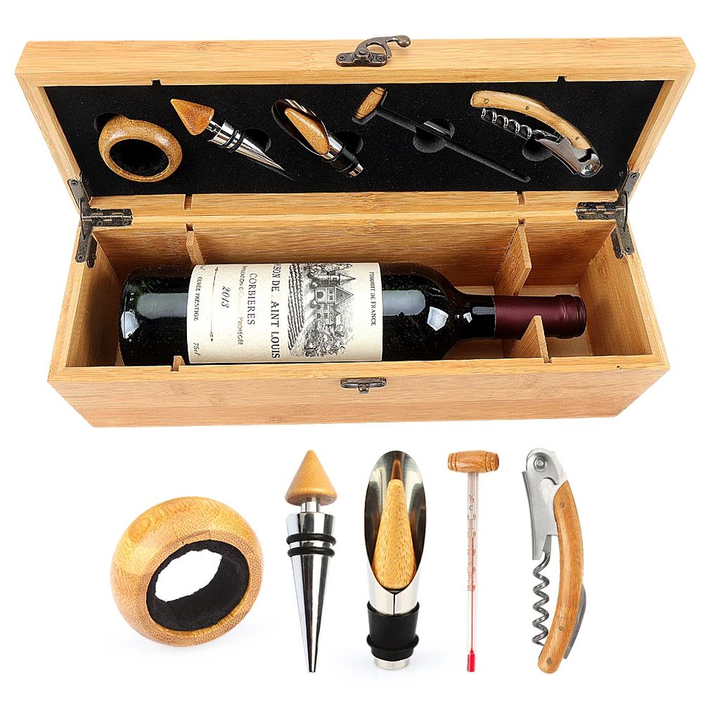 Wooden Wine Gift Box with 5 Wine Related Accessories