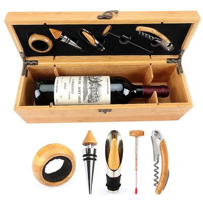 Wooden Wine Gift Box with 5 Wine Related Accessories