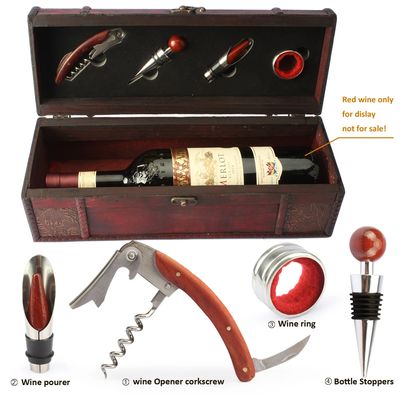 Antique Red Wooden Wine Gift Box with 4 Wine Related Accessories