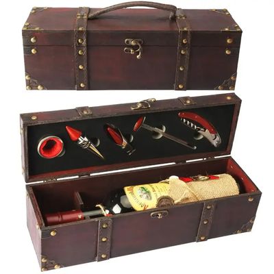 Antique Red Wooden Wine Gift Box with 4 Wine Related Accessories