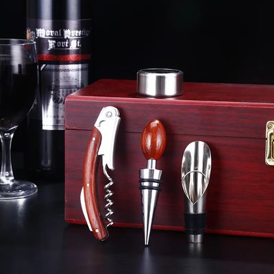 Red Wooden Wine Gift Box with 4 Wine Related Accessories