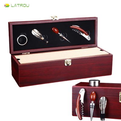 Red Wooden Wine Gift Box with 4 Wine Related Accessories
