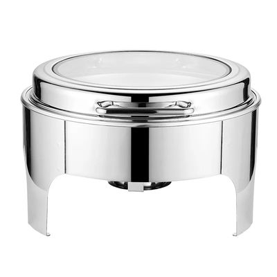 Round Chafing Dish Buffet Set. 6 Liters Chaffing Server With Hydraulic Glass Lid