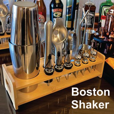 Practical Mixology Set, 27 Pieces Cocktail Shaker Set, Bartender Set with Stylish Bamboo Rack and Cocktail Booklet, Stainless Steel Bar Tool Set, Lightweight Design
