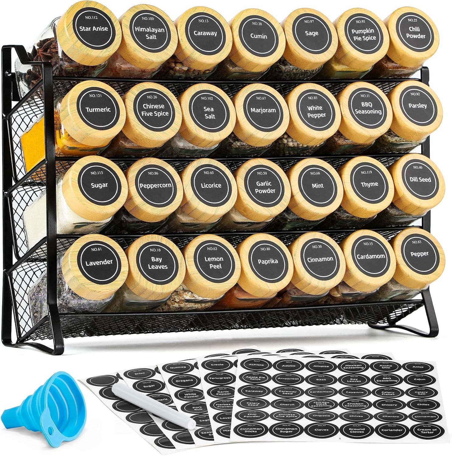 PLEXEL  Spice Rack Organizer for Cabinet, 28 Empty Spice Jars with Bamboo lids, Funnel, 360 Waterproof Spice Labels, Seasoning Organizer for Countertop, Cabinet, Kitchen, Pantry, Cupboard