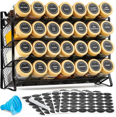 PLEXEL  Spice Rack Organizer for Cabinet, 28 Empty Spice Jars with Bamboo lids, Funnel, 360 Waterproof Spice Labels, Seasoning Organizer for Countertop, Cabinet, Kitchen, Pantry, Cupboard