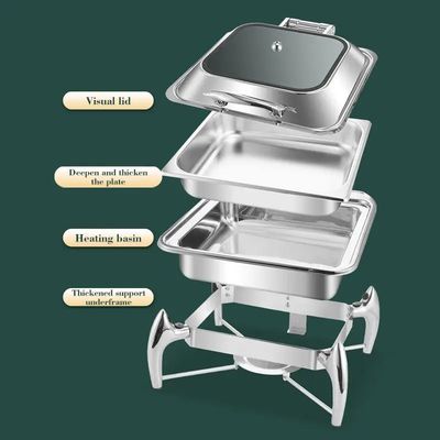 Deluxe Rectangle Chafing Dish Buffet Set. 9 Liters Chaffing Server With Hydraulic Glass Lid (Silver)