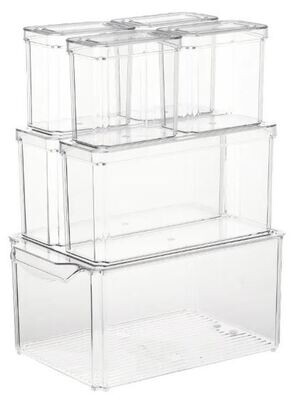 Plexel Large Capacity Refrigerator Organizer Bins, 7 Pack Fridge Organizer, Clear Plastic Food Storage Containers, Canisters Sets for the Kitchen, with Removable Drain Tray.