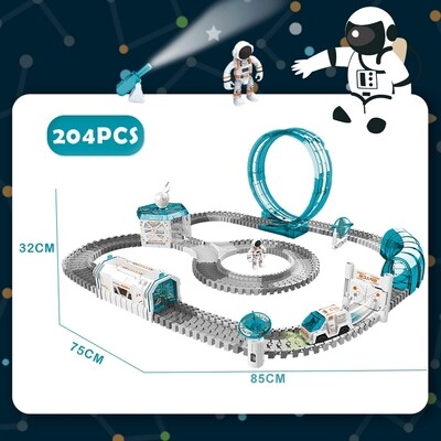 Space Toy for Kids, 204 Pieces Train Set for Kids 3-8 with 1 Mini Star Projector, 1 Light Up Car and 2 Astronaut Dolls, Flexible Race Track