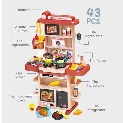 Kid's Pretend Play House Toy Simulation. 43 Pieces Kitchen Set Role Play Toy For Girls. Educational Kitchen Toy With Sound And Light