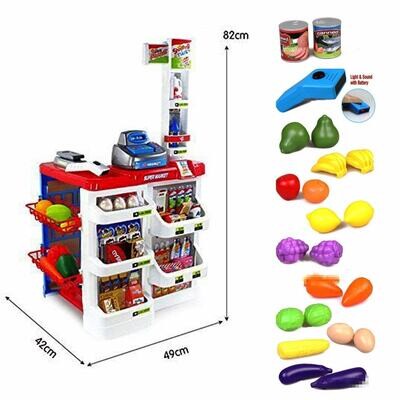 Play Home Supermarket Grocery Stall Toy Set with Scanner and Shopping Trolley of Vegetables, Fruits, Food, Cart Accessories - Multicolour
