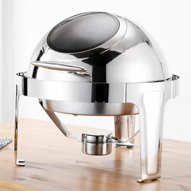 Chafing Dish Buffet Set, 6 Liters Roll Top Stainless Steel Chafer, Round Set with 1 Food Pan, Water Pan and Fuel Holders, for Wedding, Parties, Banquet, Catering Events (with window)
