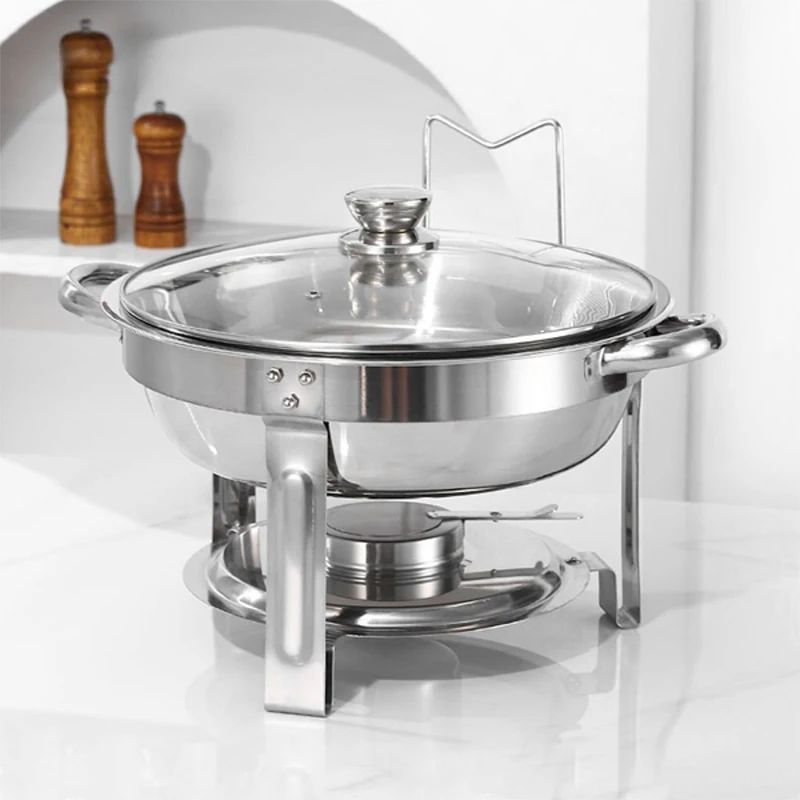 Round stainless steel chafing dish with glass lid and fuel holder for buffet catering and food warming