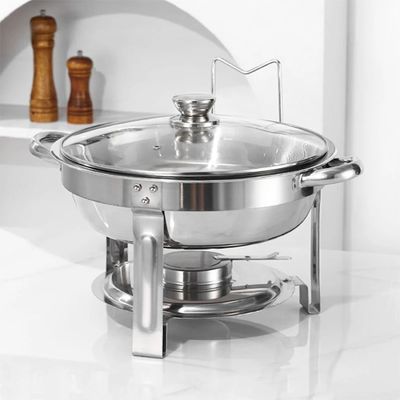 Round stainless steel chafing dish with glass lid and fuel holder for buffet catering and food warming