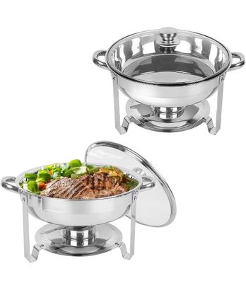 Professional stainless steel buffet warmer with transparent glass cover and sturdy serving stand