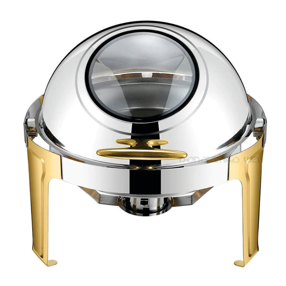 Gold &amp; Silver Chafing Dish Buffet Set, 6 Liters Roll Top Stainless Steel Chafer, Round Set with Food Pan, Water Pan and Fuel Holders, for Wedding, Parties, Banquet, Catering Events.
