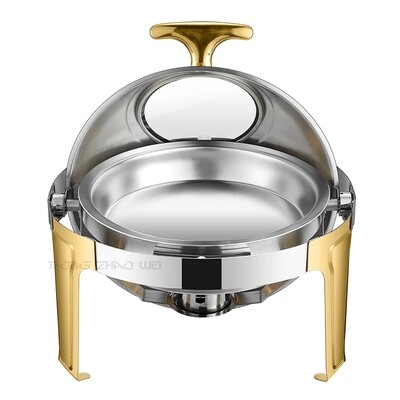 Gold &amp; Silver Chafing Dish Buffet Set, 6 Liters Roll Top Stainless Steel Chafer, Round Set with Food Pan, Water Pan and Fuel Holders, for Wedding, Parties, Banquet, Catering Events.