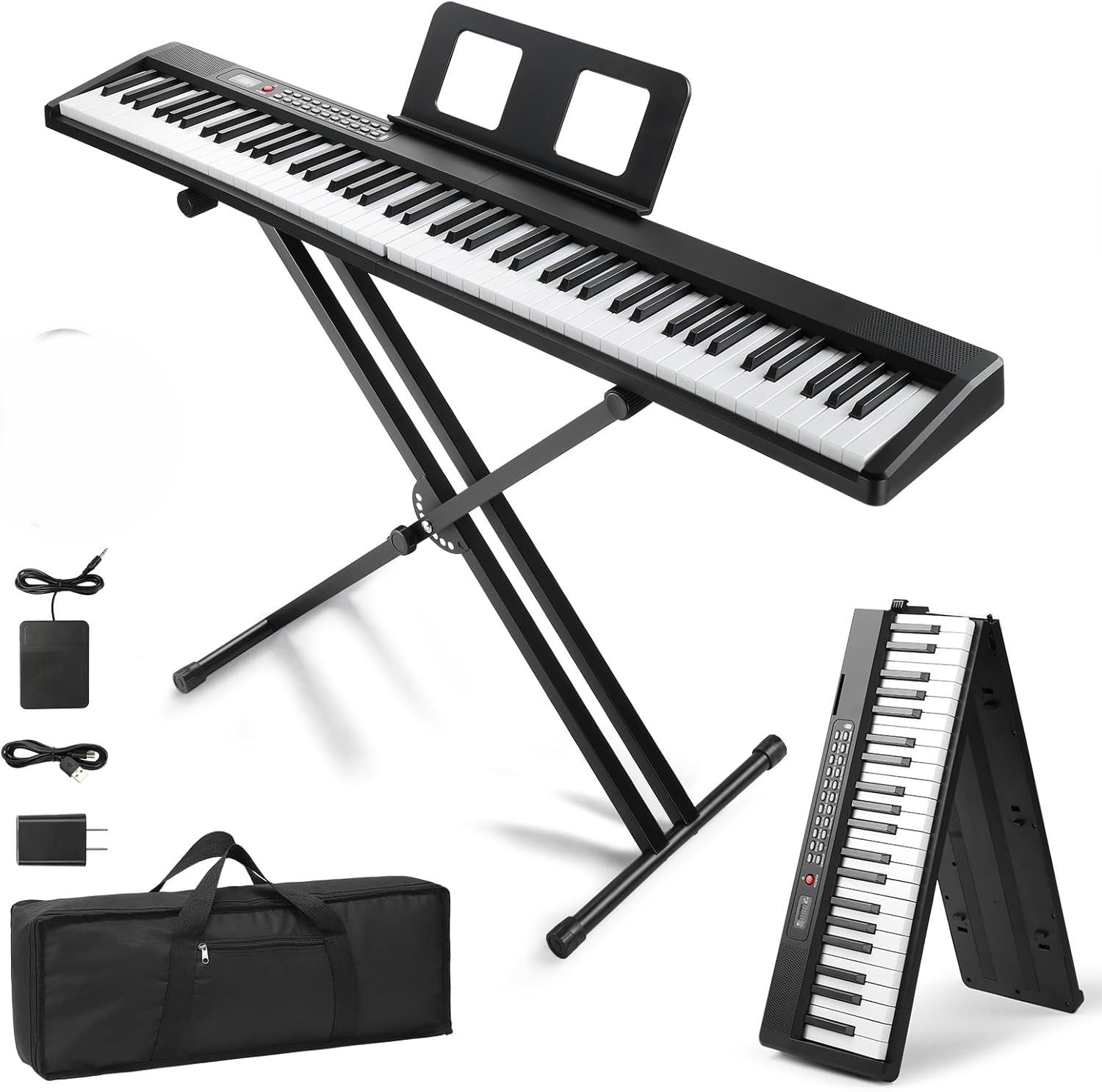 Foldable portable electronic piano keyboard for travel and practice