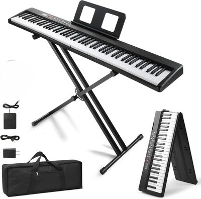 Foldable portable electronic piano keyboard for travel and practice