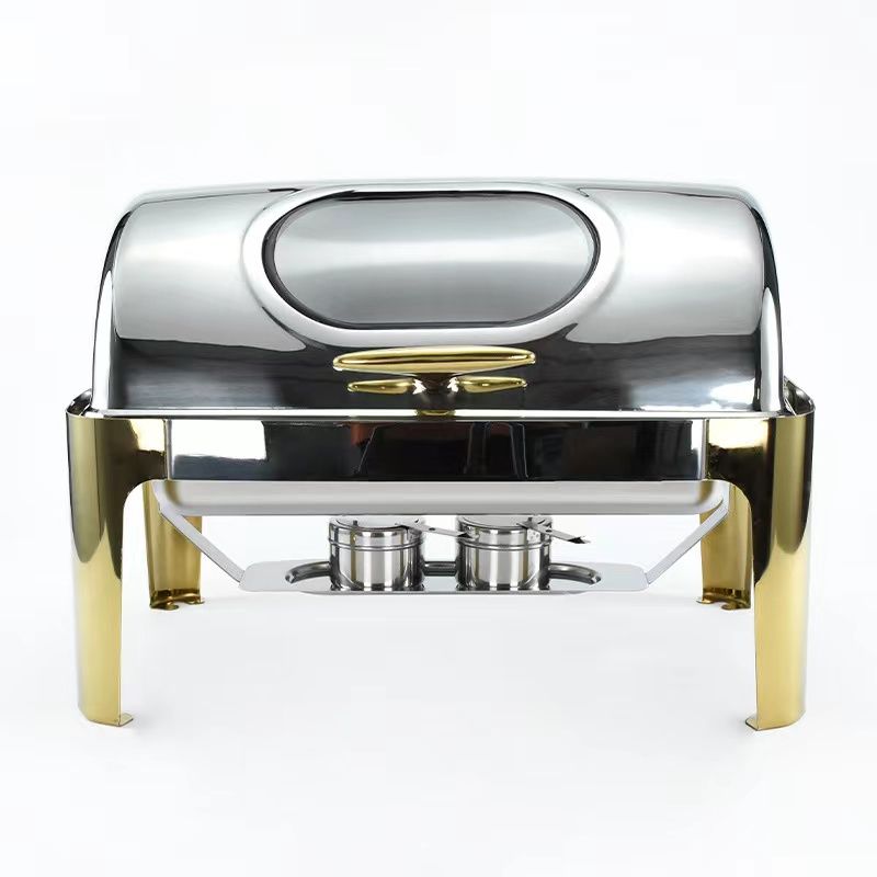 Plexel Silver and Gold Stainless Steel Buffet Hot Plate - Stainless Steel Buffet Hot Pot with Roll Top Lid With Window.  Food Warmer Catering