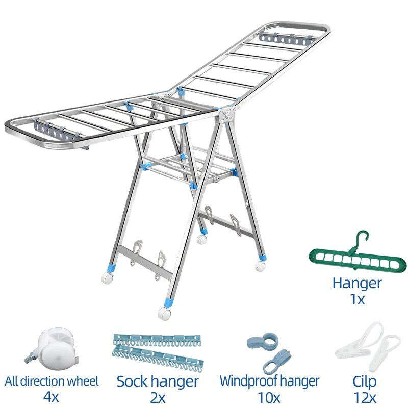 Clothes Drying Rack with Height-Adjustable Wings And Wheels, Collapsible for Indoor &amp; Outdoor Use(180CM)