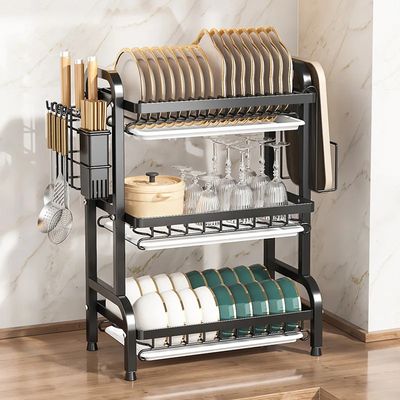 3 Tier Metal Dish Drying Rack with Drip Tray and Drainer Mat