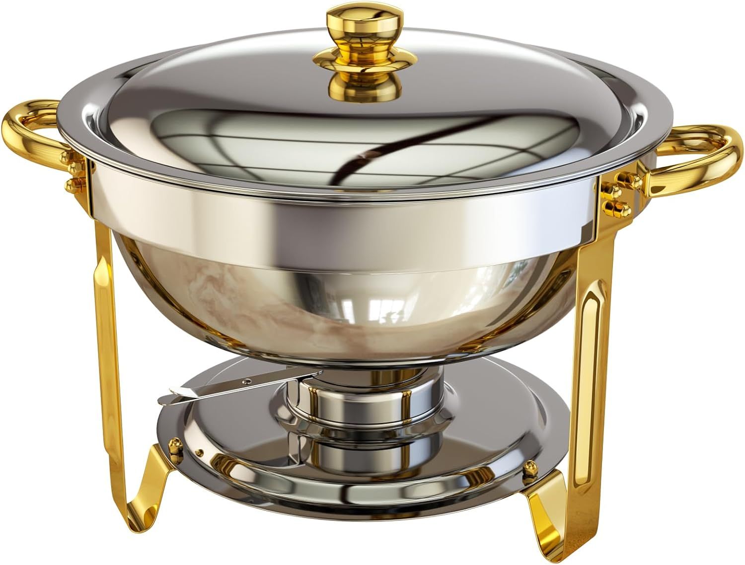 Round silver and gold stainless steel chafing dish with stainless steel lid and fuel holder for buffet catering.
