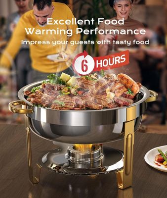 Premium silver and gold buffet warmer with stainless steel cover and durable food warming stand