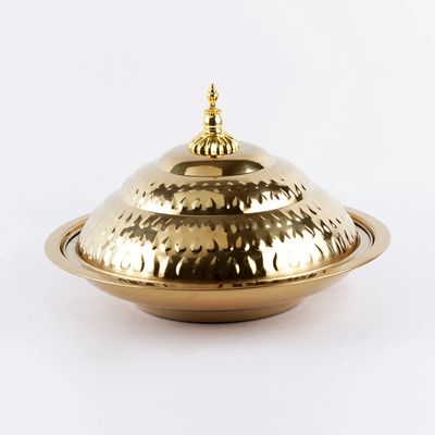 Gold hammered stainless steel serving tray with decorative dome lid