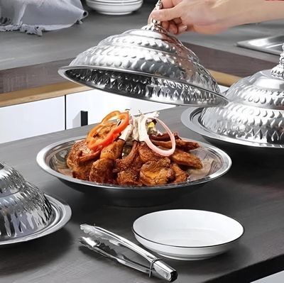 Silver hammered stainless steel serving tray with decorative dome lid