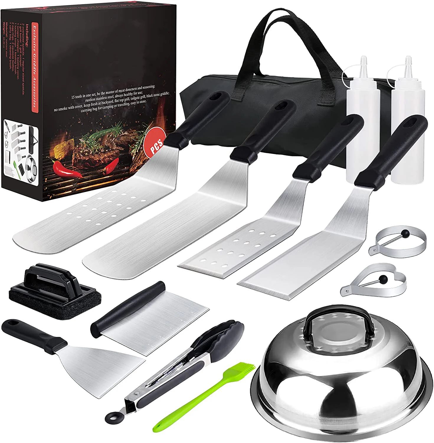 20-piece stainless steel BBQ grill tool set with carrying bag and accessories