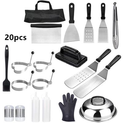 Complete barbecue grill accessories kit with spatulas, tongs, scraper and storage bag