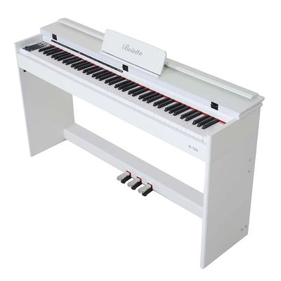 88-key digital piano with weighted keys and three-pedal system in white